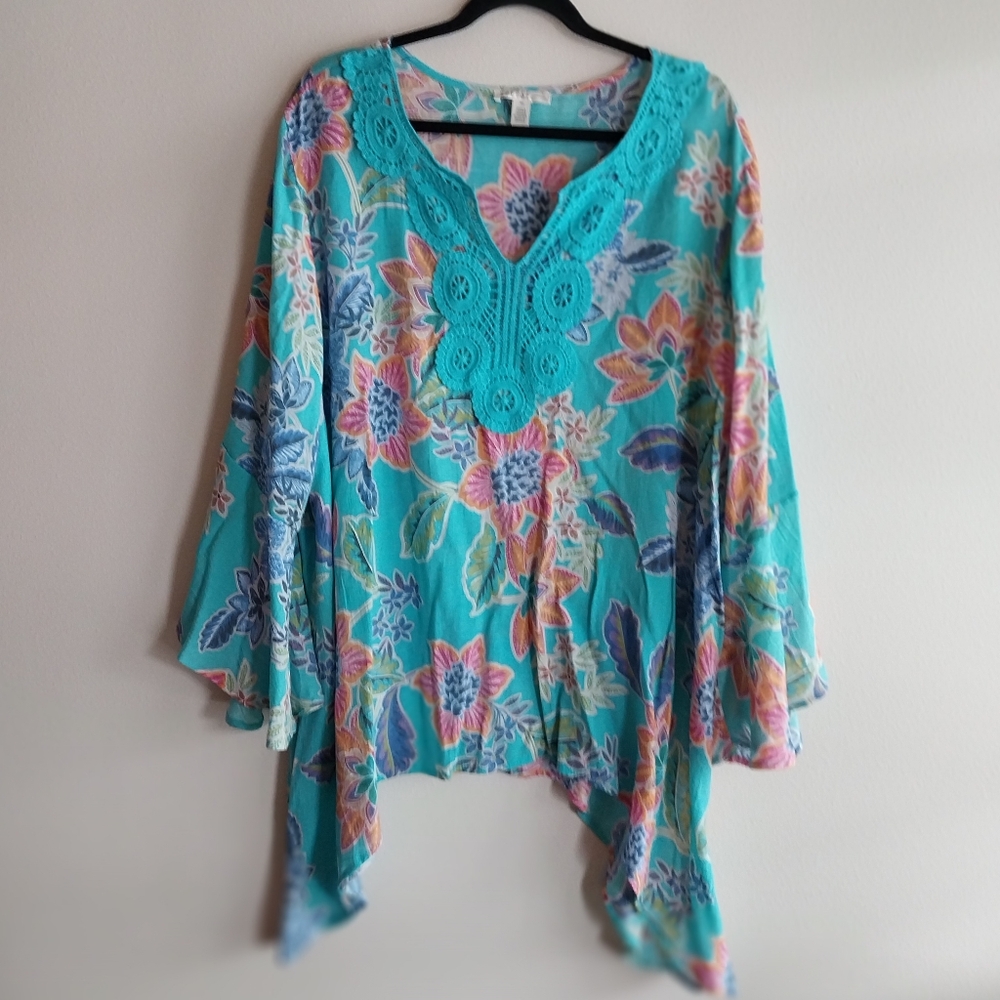 Spense Blue Tropical Floral Asymmetrical Lace Trim Tunic